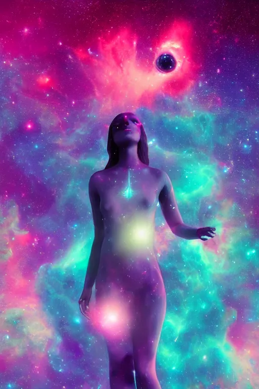 Prompt: A beautiful portrait of a single female cosmic being with a nebula as its body by Beeple, 8K, UHD , Trending on artstation.