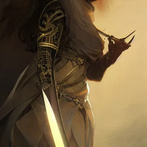 Image similar to A dagger made from meteoric metal with a black leather grip, beautiful, intricate, highly detailed, digital painting, artstation, oppressive lighting, fashion concept art, sharp focus, illustration, art by greg rutkowski and alphonse mucha