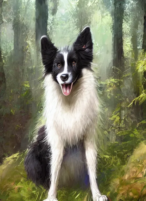 Image similar to portrait of a cute anthro male anthropomorphic border collie fursona wearing a suit in a sunny glade. by henry asencio, jon foster, and ross tran. scenic background, highly detailed, concept art, furry, glamor pose, elegant, aesthetic, beautiful, trending on artstation, top rated on furaffinity and deviantart