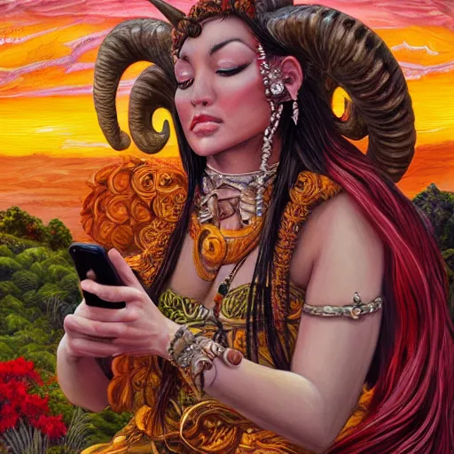 Image similar to horned ram goddess, checking her cell phone, erupting volcano in distance, sunset, flowers in foreground, zodiac, fantasy acrylic on canvas, intricately detailed, highly detailed, high resolution, hdr, 8 k, artist, trending on artstation, painting by senior concept artist josephine wall