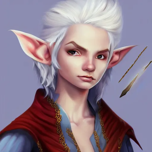 Image similar to Beautiful white haired aged fair skinned scholar elf with spell scroll and lightning background, symmetrical, realism, digital painting, detailed artwork, portrait, mythical, artstation