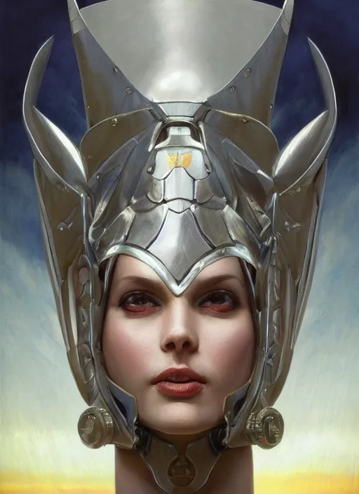 Image similar to symmetry! closeup portrait of a beautiful biblical diabolical agile girl, in reflective porcelain cyborg armor, in clouds, cinematic studio light! windy, sunrise, by gerald brom, by mikhail vrubel, by peter elson, high contrast, muted colors, extreme detail, trending on artstation, 8 k