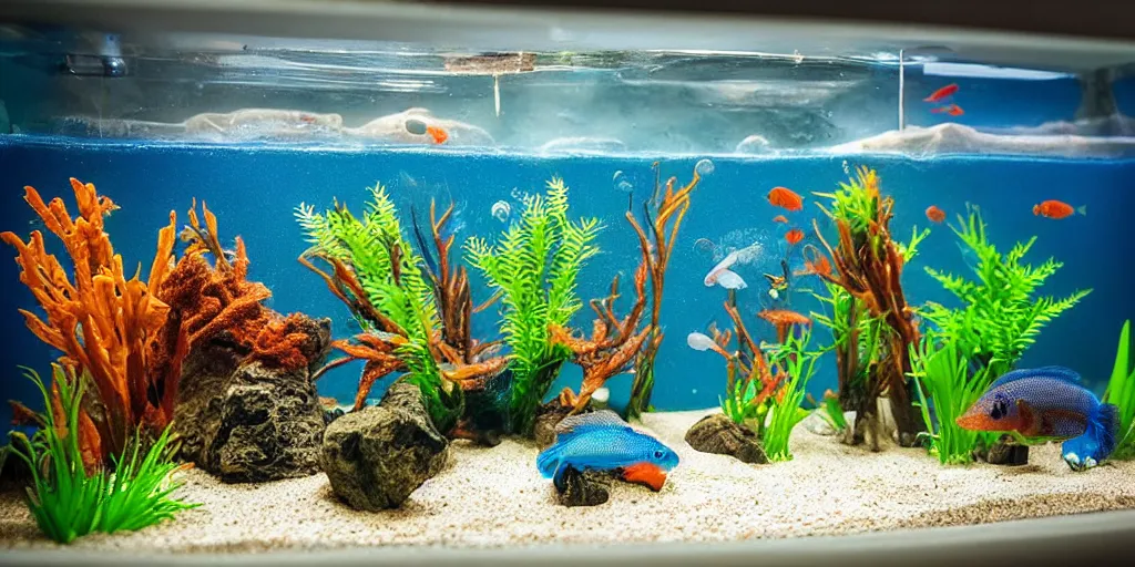 Prompt: fish tank in hospital waiting room. hands in tank. plasticine model in water. newt. figures clay. clay figure. weird. surreal. tropical fish tank with sand. strange. bubbles form pump. tilt shift. tank. siamese fighting fish. aquatic photography. photorealistic. waiting room