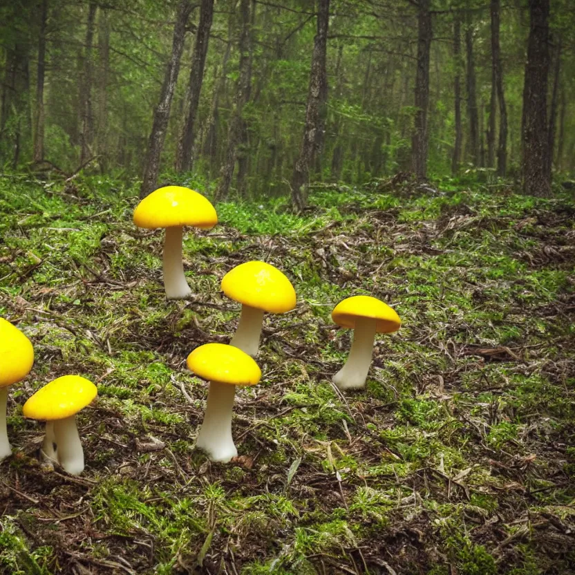 Image similar to a little yellow mushroom in a moody dreamy forest