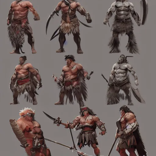 Image similar to character sheet of barbarian warrior, muscular, handsome, chiseled, by greg rutkowski and studio ghibli, digital art, trending on artstation, highly detailed, concept art, beautiful, masterpiece