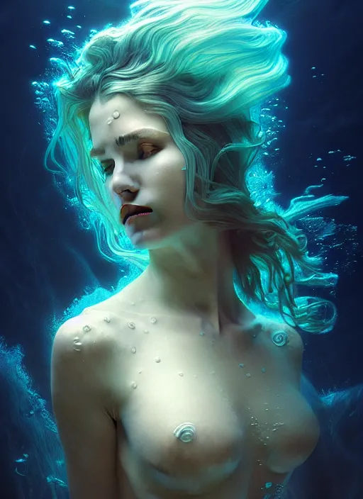 Image similar to an underwater photographic beauty portrait of an anthropomorphic bioluminescent liquid wave, dramatic murky volumetric lighting, fantasy, intricate, elegant, highly detailed, digital painting, artstation, concept art, smooth, sharp focus, illustration, art by artgerm and h r giger and alphonse mucha