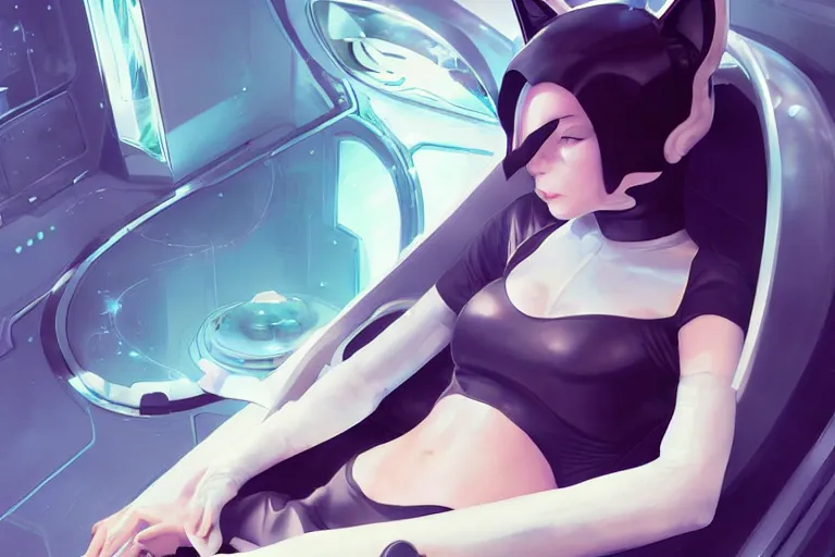 Prompt: neko woman with cat ears in a futuristic spaceship, detailed digital art, futuristic, vector art, by greg rutkowski, by ilya kuvshinov, by artgerm, by yoshitaka amano, dynamic lighting