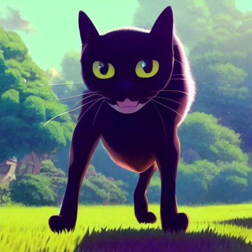 Prompt: a wholesome animation key shot of a black cat! looking a biplane! in the sky, medium shot, studio ghibli, pixar and disney animation, sharp, rendered in unreal engine 5, anime key art by greg rutkowski, bloom, dramatic lighting