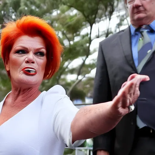 Image similar to Pauline Hanson poking out her forked snake tongue