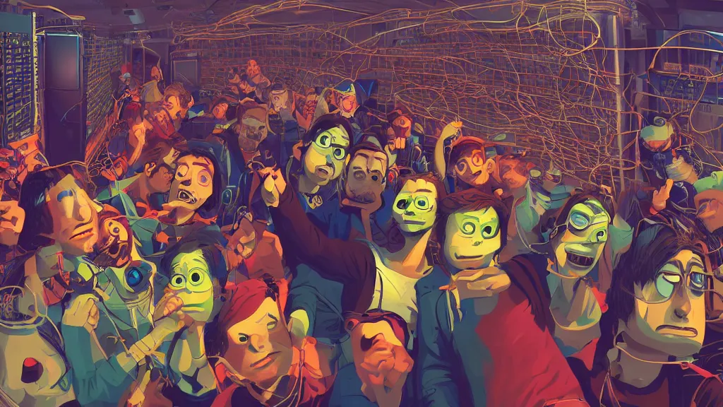 Prompt: selfie of a tight group of happy drunken hackers at a party in a highly detailed server room with computers everywhere and wires, in a scifi movie, vivid colors, by jamie hewlett, nuri iyem, james gurney, james jean, anato finnstark. hyper detailed, wide angle, perfect faces