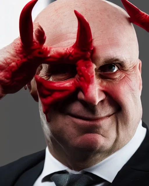 Image similar to avram glazer as the devil reincarnate, owner of manchester united football club, portrait, pure evil, devils horns, avram glazer, satan, hell, 8 k, 8 5 mm lens, photo realistic, symmetrical face, cinematic lighting