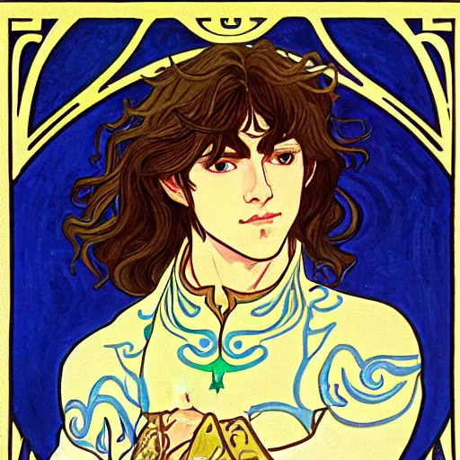 Image similar to painting of young handsome beautiful paladin elf!! man with long! wavy dark hair in his 2 0 s named taehyung minjun at the blueberry party, wearing armor!, long hair, elf ears, blue eyes, blueeyes, elegant, delicate, soft facial features, art, art by alphonse mucha, vincent van gogh, egon schiele,