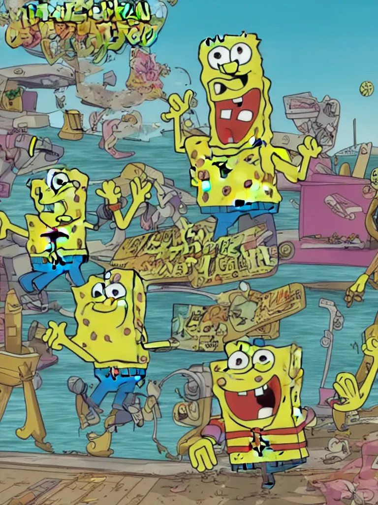 Image similar to Spongebob as gta 5 cover art, very detailed, award winning shading