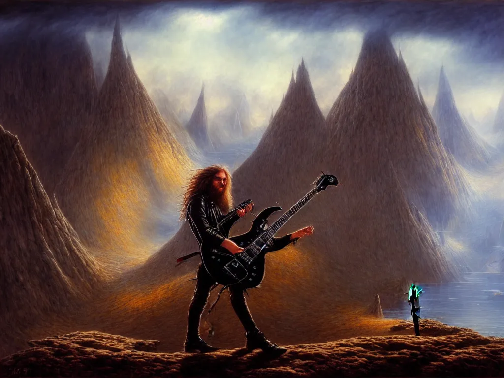 Prompt: long - haired man in leather jacket playing the most amazing electric guitar, epic landscape, fantasy concept art, john howe, 4 k