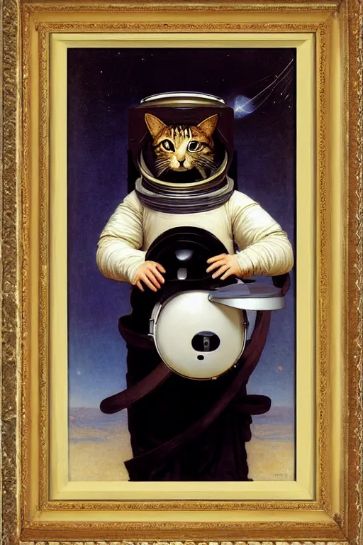 Image similar to portrait of a cat astronaut with japanese armor and helmet, by bouguereau