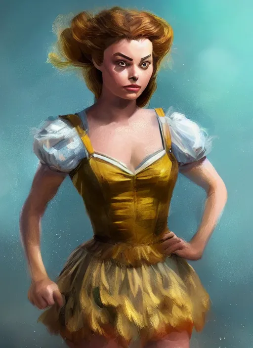 Image similar to beautiful female dorothy gale, margot robbie as dorothy, full body character concept, armor, super powers, fantasy, intricate, elegant, highly detailed, digital painting, artstation, concept art, shining, sharp focus, illustration, art by stanley lau