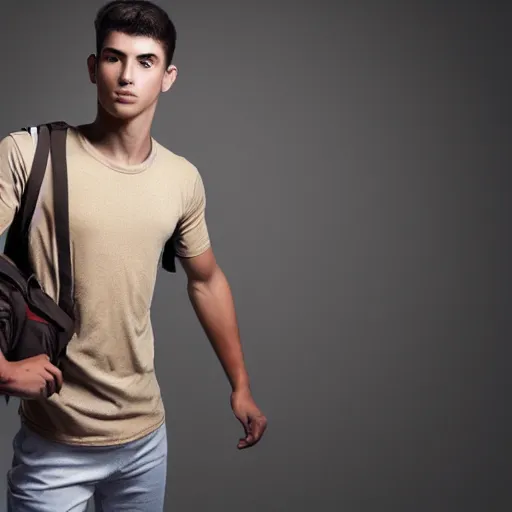 Prompt: Athletic Young man wearing a beige t-shirt and military backpack, Professional photography, Photorealism - W 768