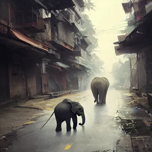 Image similar to An elephant walking down a street in Guwahati city. By Greg Rutkowski, trending on ArtStation