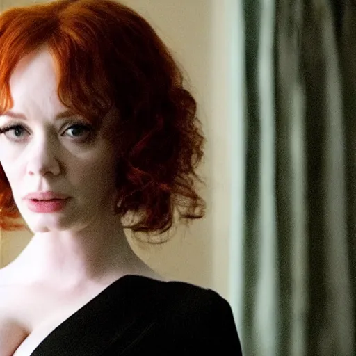 Prompt: a very surprised looking beautiful Christina Hendricks r in the living room, film still from the movie directed by Denis Villeneuve , wide lens