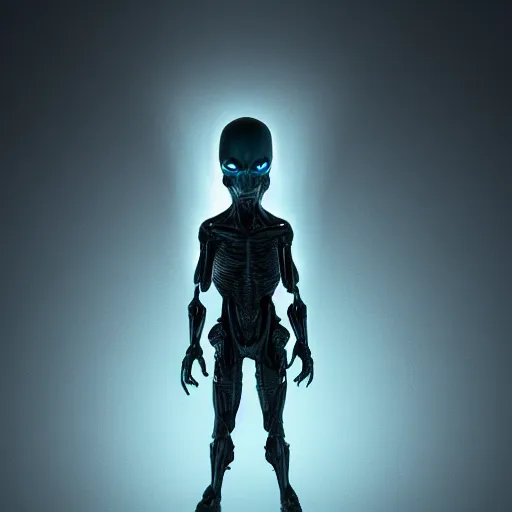 Prompt: full body dark and intimidating portrait of an angry grey alien with sharp glowing black eyes, standing upright with blue wispy light highlighting from behind its figure on a black background, scary, dark and high resolution, 3 d, rim lighting, octane render, 8 k, ultradetailed, photorealistic,