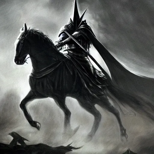 Image similar to Witch-king of Angmar holding sword on black horse horse rearing up dark moody lighting wallpaper painting