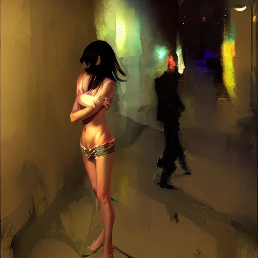 Prompt: craig mullins painting of an anime woman, direct flash photography at night