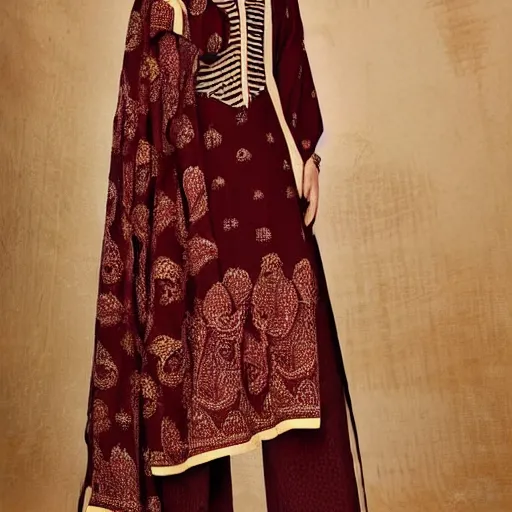 Image similar to a kashmiri paisley design in maroon and beige colors on clothes