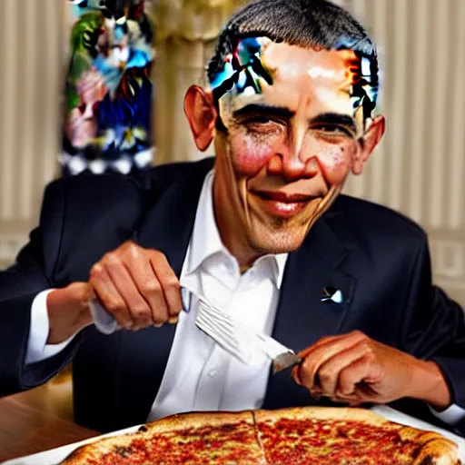 Prompt: obama elegantly eating pizza with a knife and fork