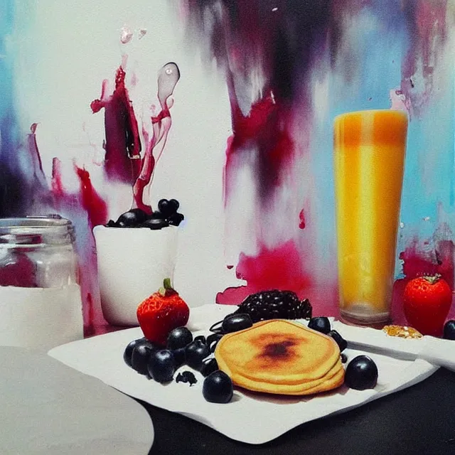 Image similar to “ sensual, neo - expressionism, surrealism, a portrait in a female art student ’ s apartment, pancakes, berries, art supplies, a candle dripping white wax, berry juice drips, acrylic and spray paint and oilstick on canvas ”