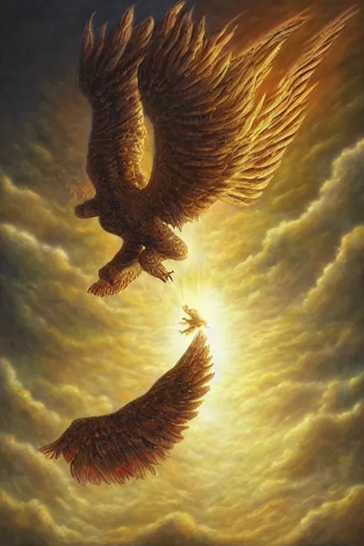 Image similar to icarus burning, his wings on fire as he flies too close to the sun. art by tomasz alen kopera.