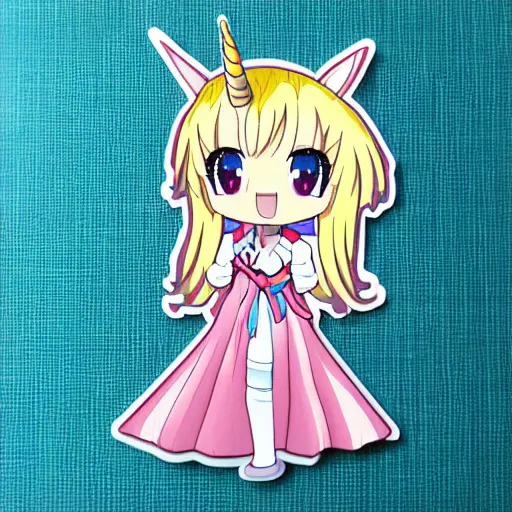 Prompt: die cut sticker of anime chibi kawaii cute tsundere unicorn