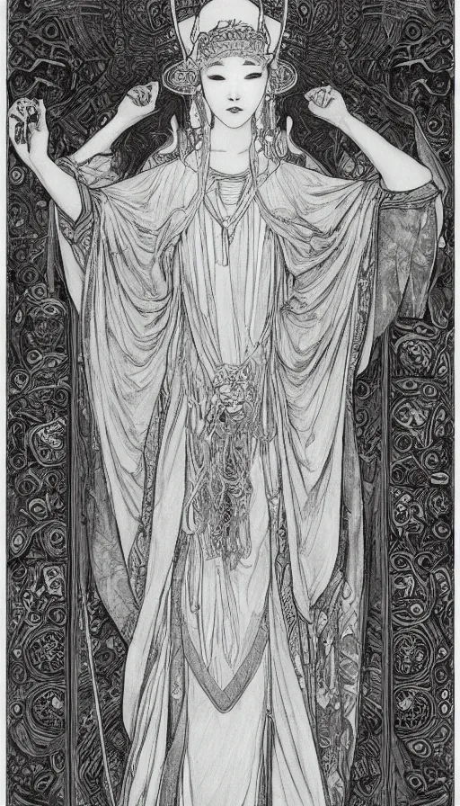 Prompt: yoon young as the high priestess, tarot design, by mucha, black and white graphite drawing, smooth render