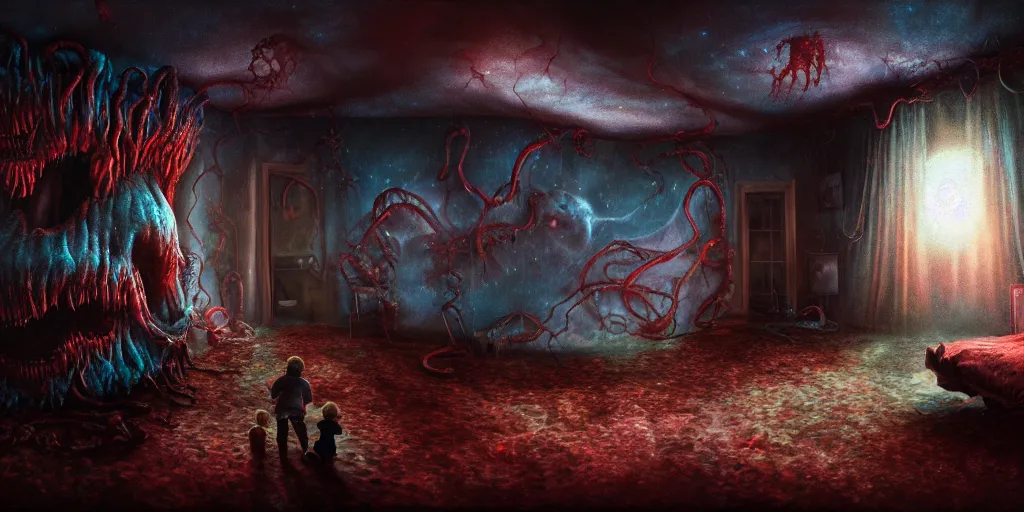 Image similar to matte oil painting of a cosmic horror monstrosity inside of a child's bedroom, extremely detailed, disturbing, cinematic, 4 k, 8 k