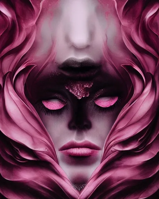 Prompt: pink gold smoke ink portrait, obsidian flower bloom intricate grunge art by artgerm ross tran