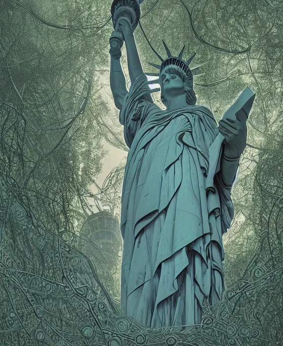 Image similar to highly detailed digital matte painting of a Lady Liberty statue covered in vines with overgrowth Full shot. By Raphael LaCoste and Ruan Jia and Robert McCall, postcyberpunk, geodesic dome, hyperdetailed, sunrise, wide shot, autochrome, octane render