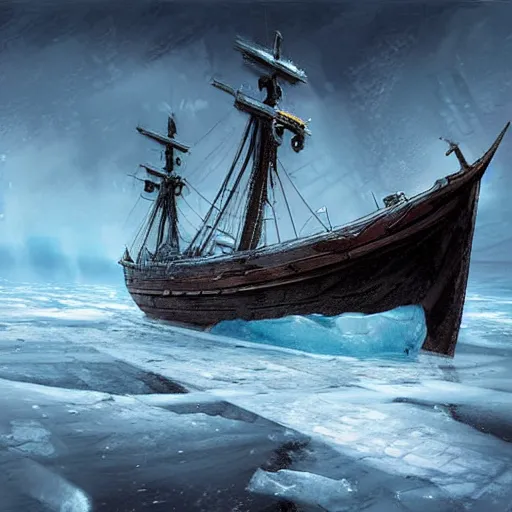 Prompt: viking longship in the arctic ocean, intricate, ice, blizzard, highly detailed, digital painting, concept art, sharp focus, illustration, cold, art by marc simonetti