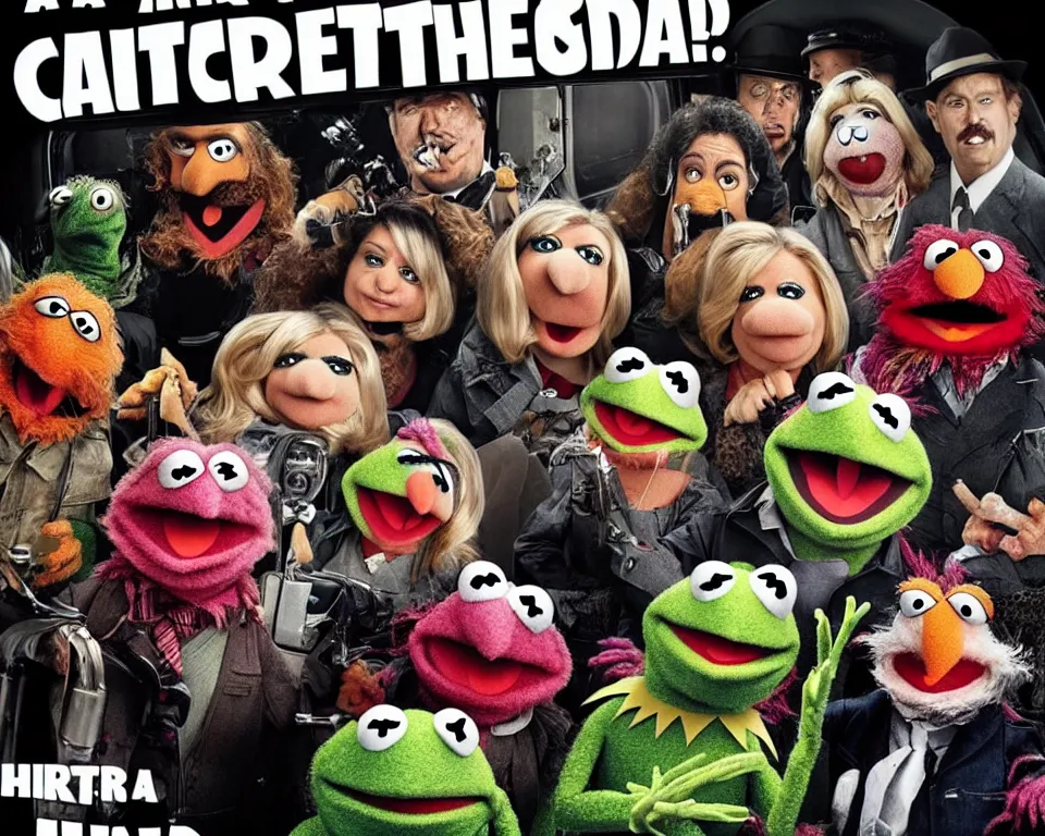 Image similar to a horror movie poster featuring muppets hijacking a train