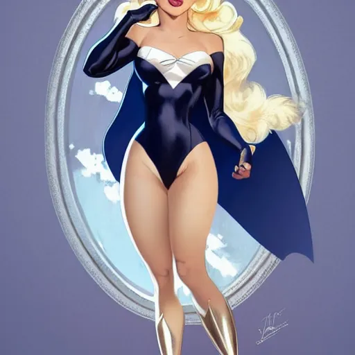 Image similar to a beautiful pin - up portrait of a beautiful cute superhero woman, blonde hair, matte navy - blue bodysuit, white cape, intricate, elegant, 8 k, highly detailed, digital painting, concept art, smooth, sharp focus, illustration, anime, artgerm and loish and wlop and alphonse mucha