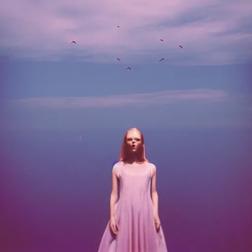 Image similar to realistic! photo of a balenciaga dress, floating in sky, color film photography, 35mm