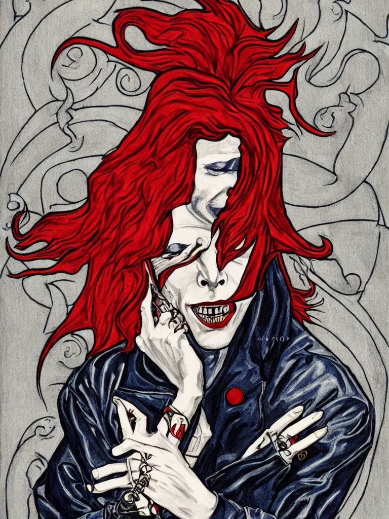 Prompt: art nouveau, David Bowie, one single figure, tarot card, vampire, sharp teeth, leather jacket, jeans, long red hair, full body