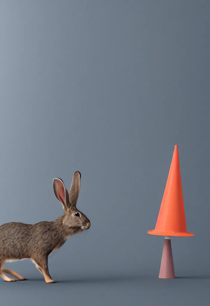 Prompt: wild rabbit, blue whale, delicate pale pink guts, antlers ,wax sculpture of a traffic cone, sharp slate. complementary color scheme. 8k, rendered in octane, smooth gradients