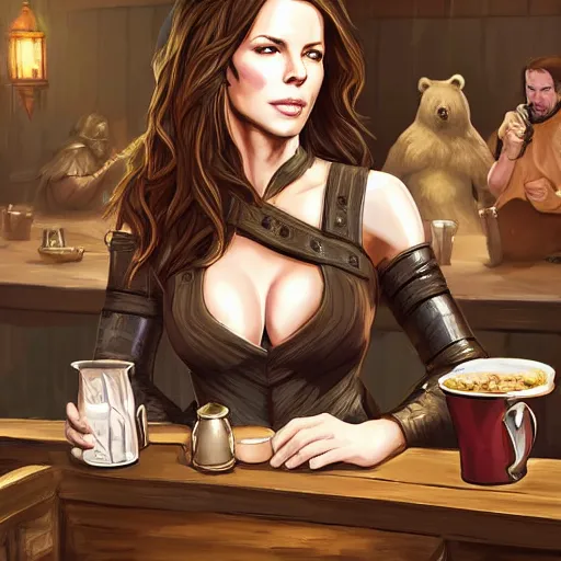 Prompt: kate beckinsale weared in full plate armor, sit in fantasy tavern near fireplace, behind bar deck with bear mugs, medieval dnd, by Ilya Kuvshinov