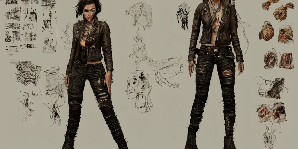 Image similar to female wanderer with tattooed arms and legs wearing an old scratched leather and ripped aviator leather jeans, wearing a short black jacket with rusty medals on it, character sheet, head details, props, concept design, contrast, kim jung gi, greg rutkowski, trending on artstation, 8 k, full body, turnaround, ultra wide angle, pincushion lens effect