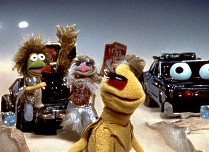 Image similar to scene from the 1979 science fiction film Muppet Mad Max