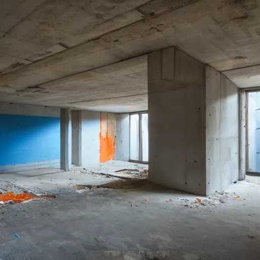 Prompt: abandoned ancient concrete interior, large open room, gentle blue and orange lighting, futuristic, angular design