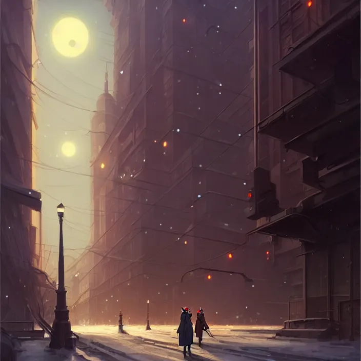 Image similar to empty big city at night, winter, in the style of studio ghibli, j. c. leyendecker, greg rutkowski, artem