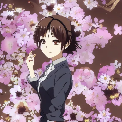 Prompt: Detailed anime key visual of a beautiful Japanese woman with short brown hair, shoulder-length; wearing a white shirt with a floral pattern; Official media