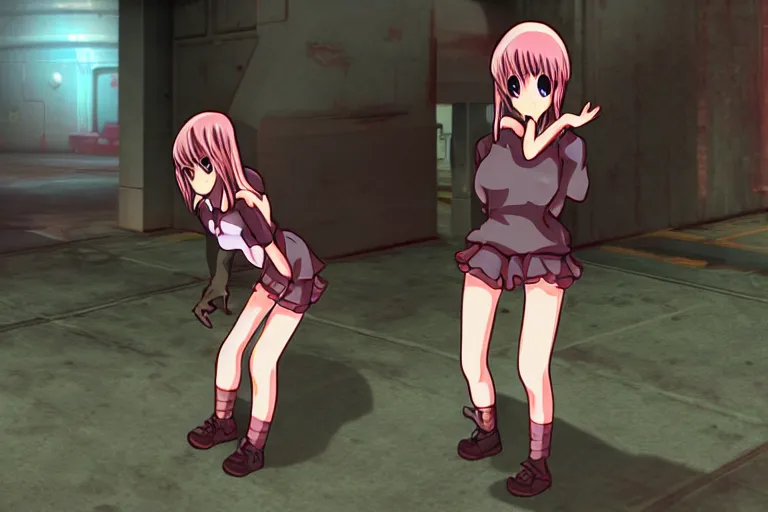 Image similar to an anime girl in a screenshot of the video game doom, the anime girl is crouching