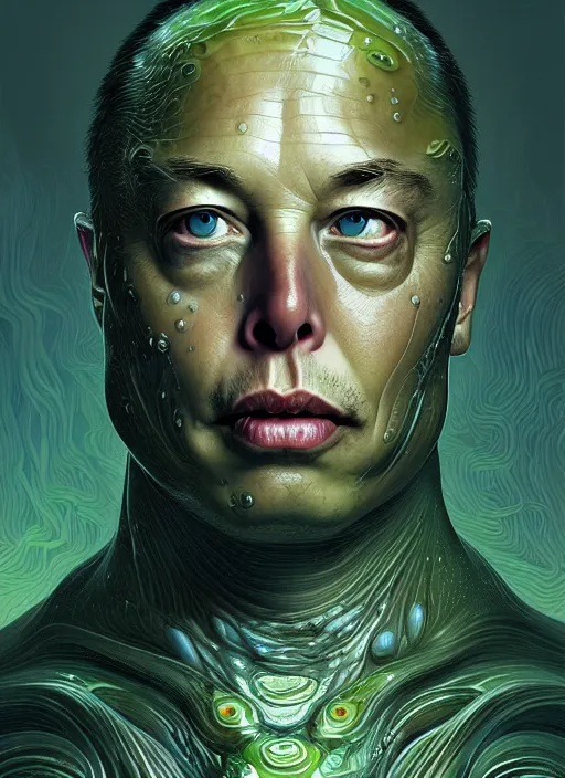 Image similar to elon musk as slimy mollusk character, drool, full body portrait, intricate, elegant, highly detailed, digital painting, artstation, concept art, wallpaper, smooth, sharp focus, illustration, art by h. r. giger and artgerm and greg rutkowski and alphonse mucha