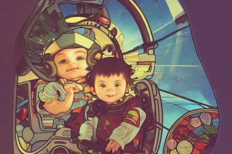 Image similar to a baby in a spaceship, very detailed, smooth render, illustration, art style by shigeru miyamoto and Alphonse Mucha